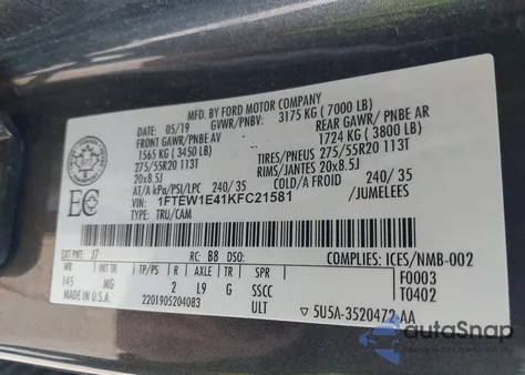 2019 Ford F-150 Xlt из США, поврежденный, VIN 1FTEW1E41KFC21581